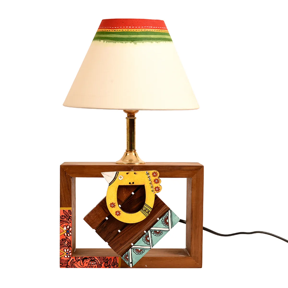 Amrita wooden table lamp with multicolour patterned base on white background