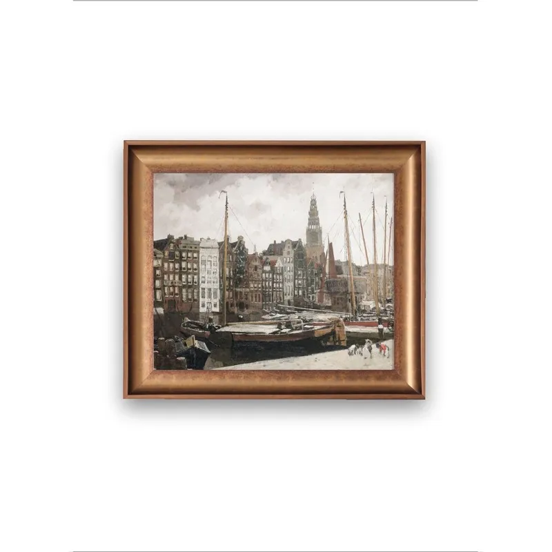 Front view of a framed vintage harbour scene painting