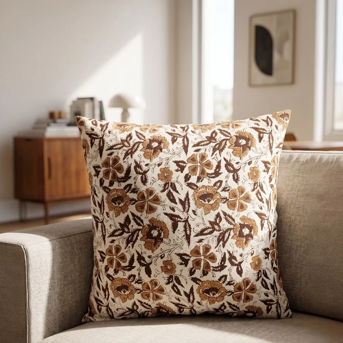 Square floral cushion cover in white and brown on a sofa