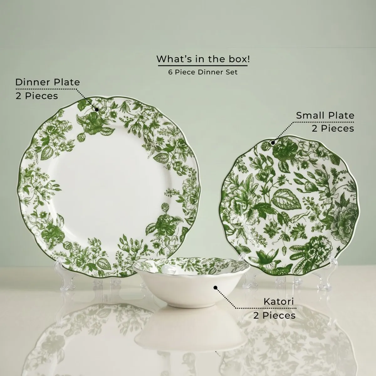 Green and white floral dinner set with plate, side plate and bowl