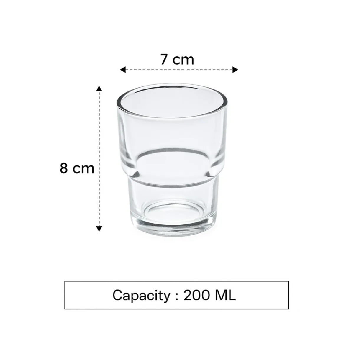 Clear glass tumbler on a white background with dimension markings