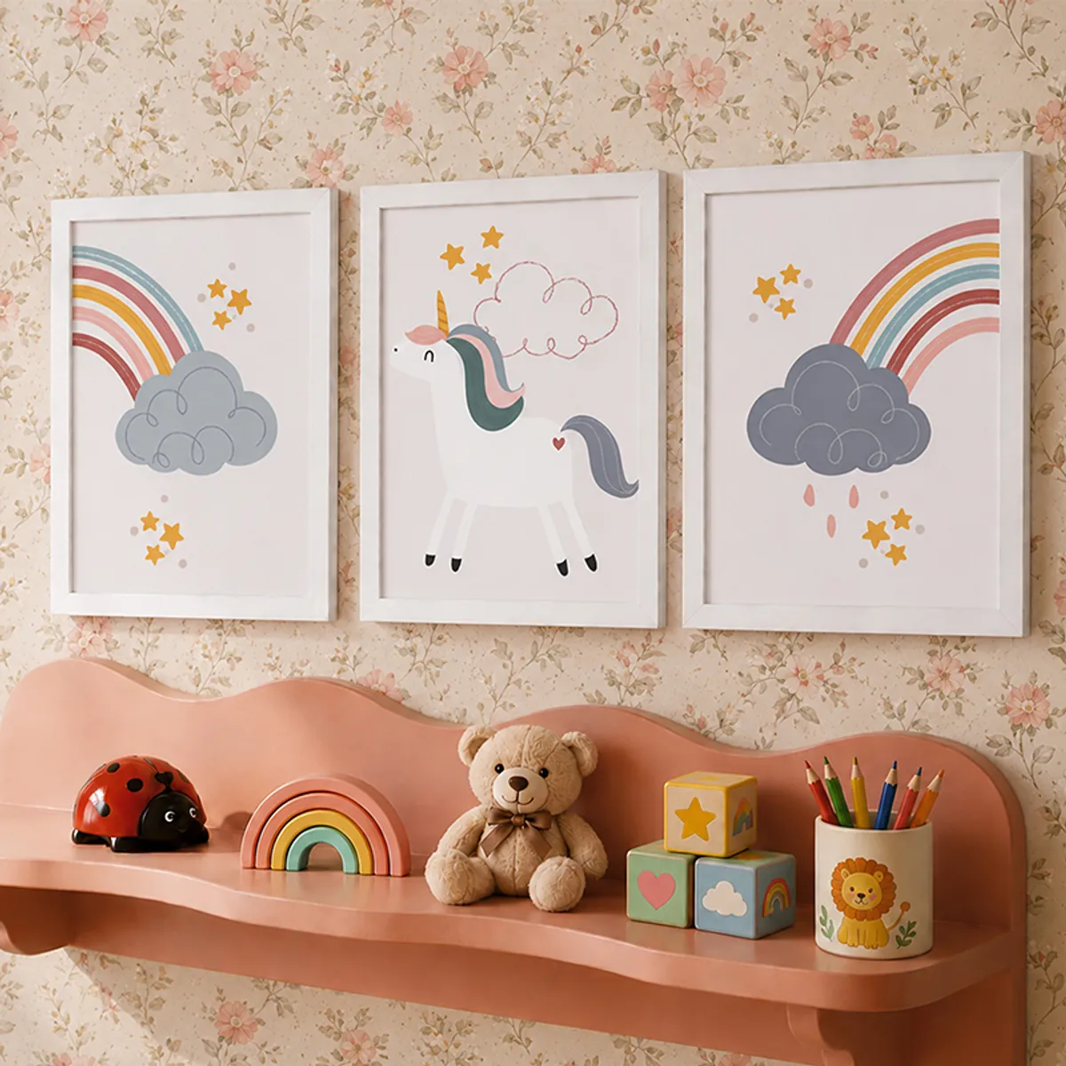 Three white-framed unicorn and rainbow prints styled on a floral wall
