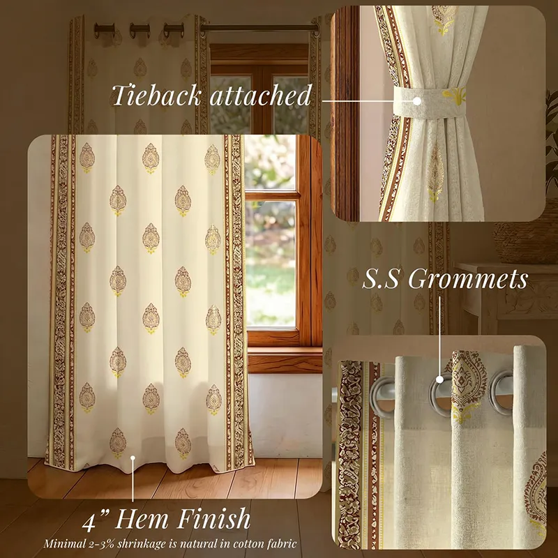 Curtain panel with buta print, border and tied-back styling shown on a window.