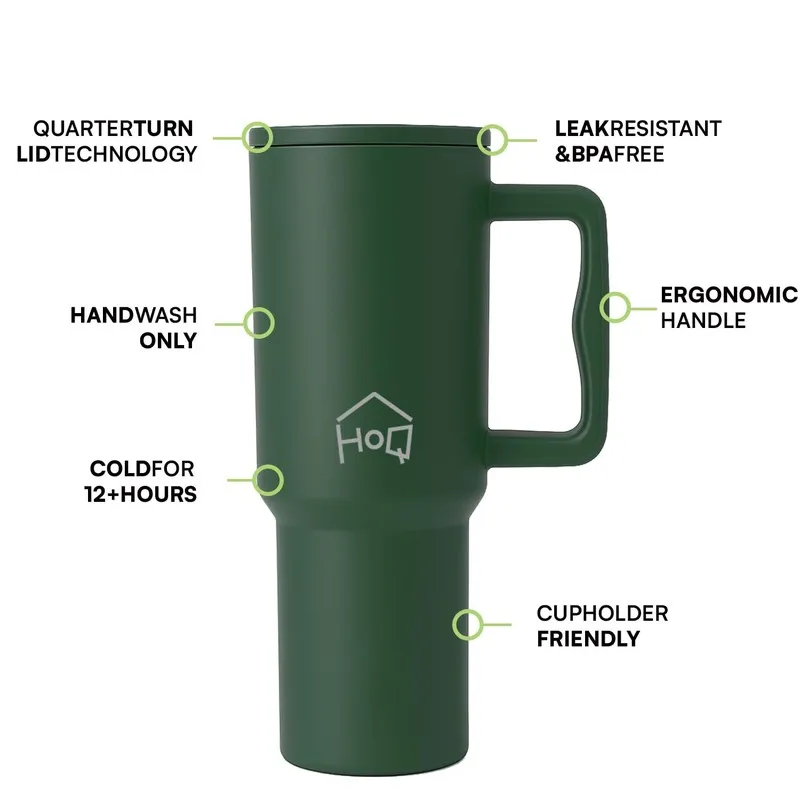 Dark green tumbler with handle and straw shown with feature callouts