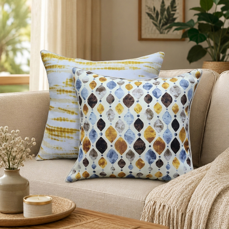 Diamond Ikat Printed Cushion Covers (Yellow,Blue) - set of Two - 16 x 16 Inches