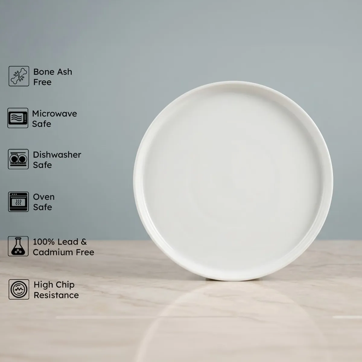 White round dinner plate displayed against a pale blue background