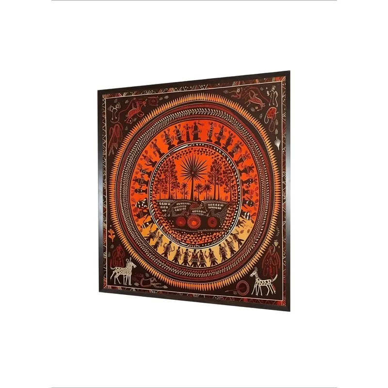 Angled view of framed brown and orange tribal village life canvas painting