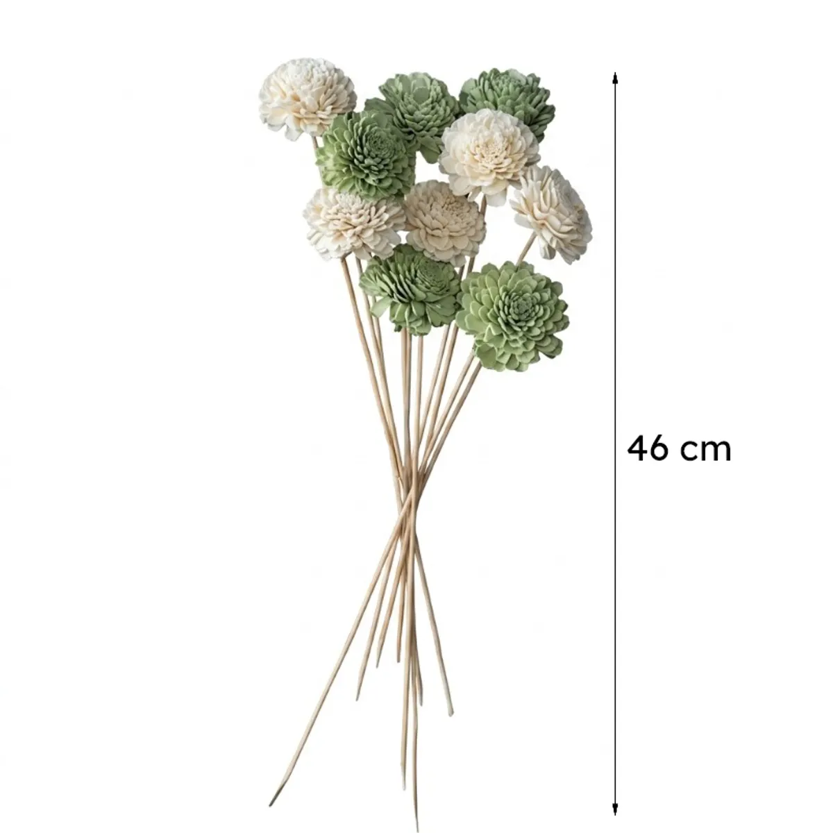 Full view of green and off-white flower sticks with a 46 cm measurement marker