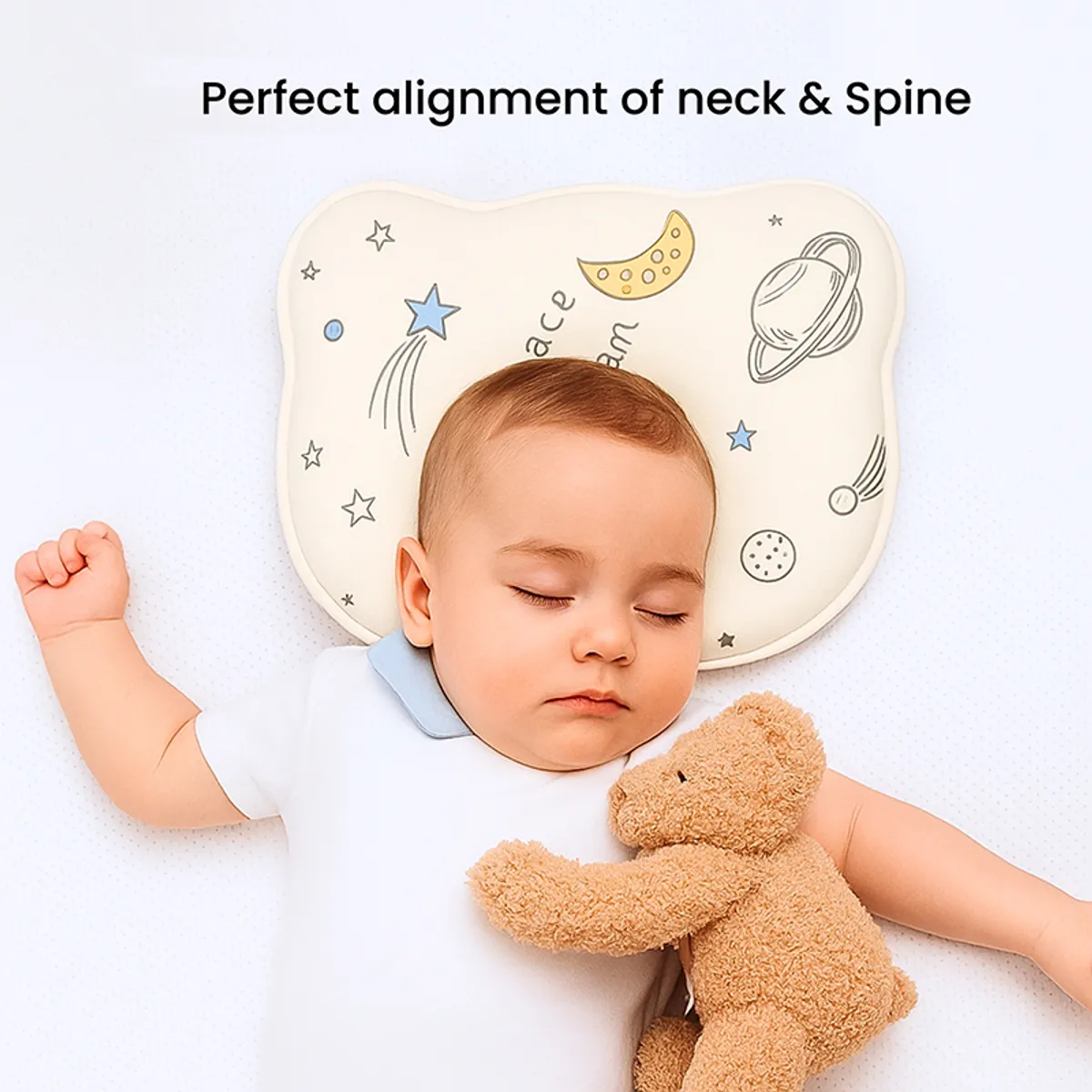 Sleeping baby resting on a space-print baby pillow