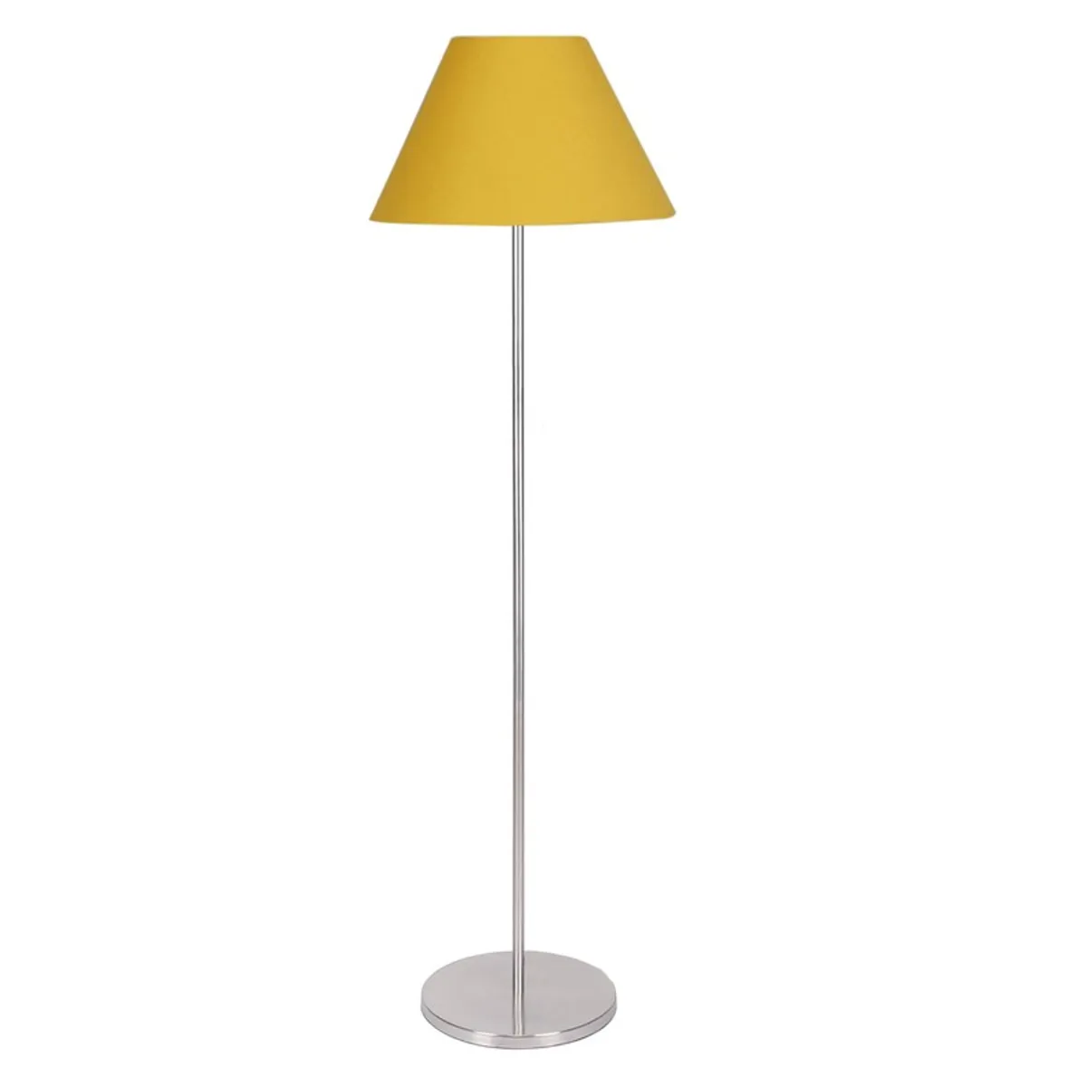 Yellow floor lamp with conical shade on a white background