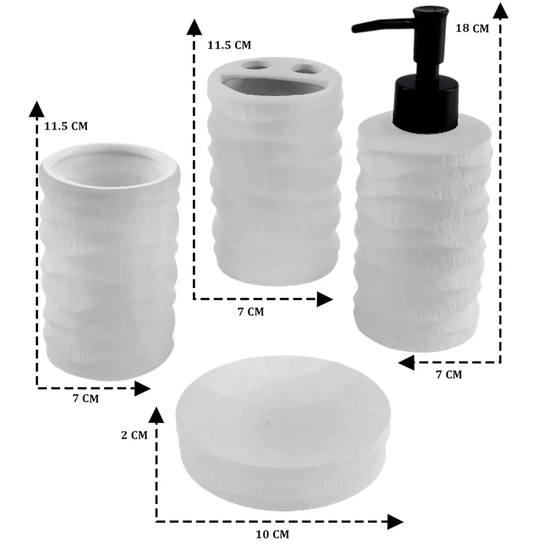 White bathroom set with dimension arrows showing the accessory sizes