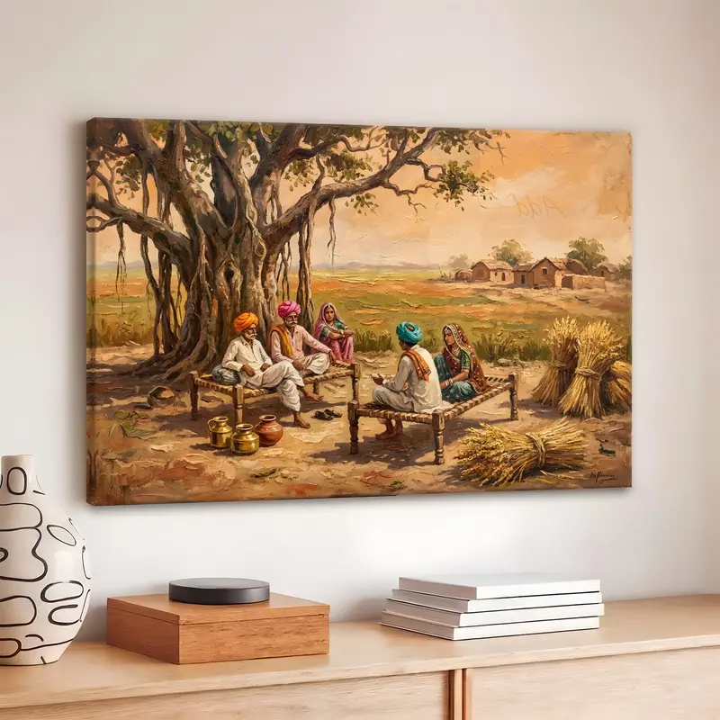 Rustic Village Chaupal Meeting Canvas Wall Painting
