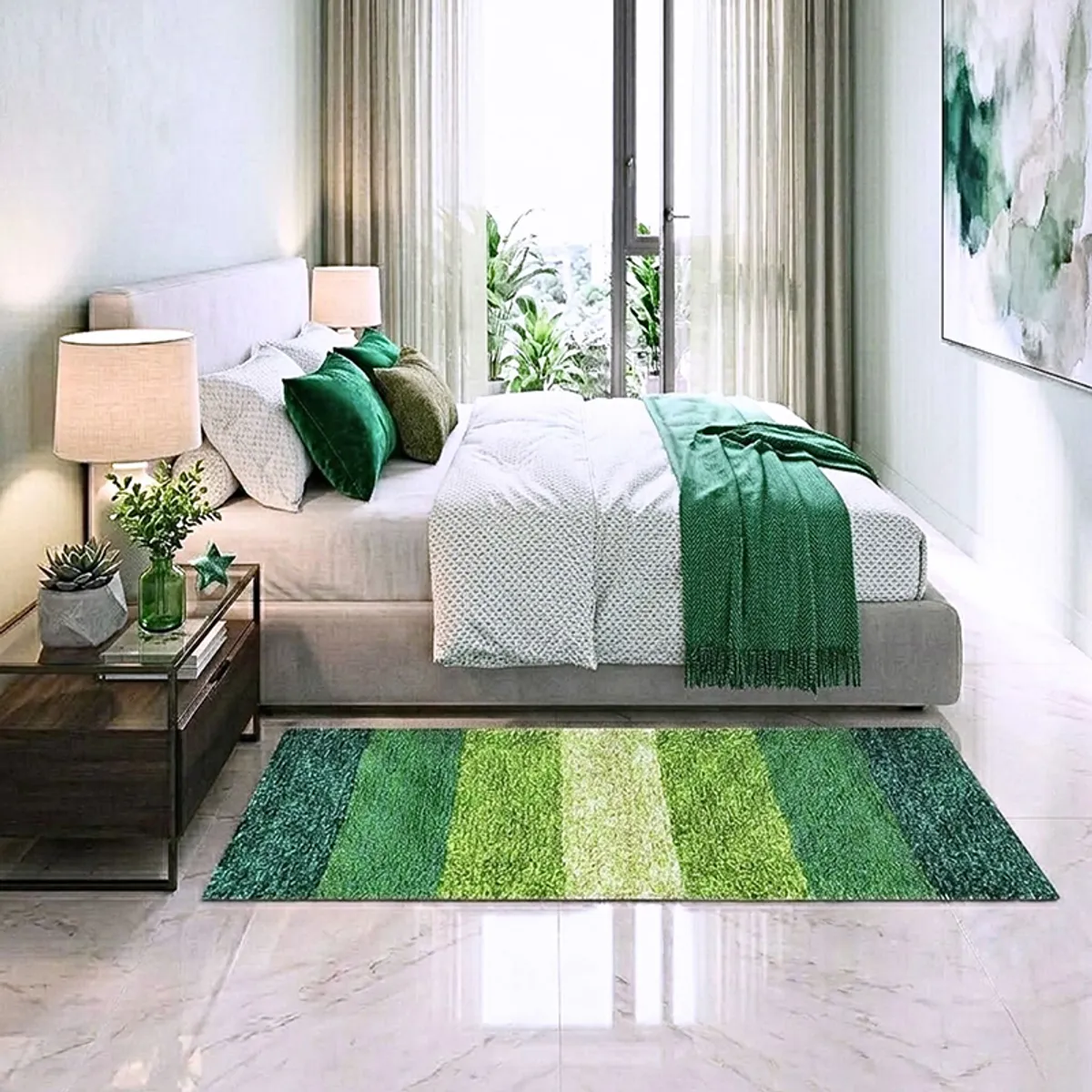 Green striped runner rug styled on a bedroom floor