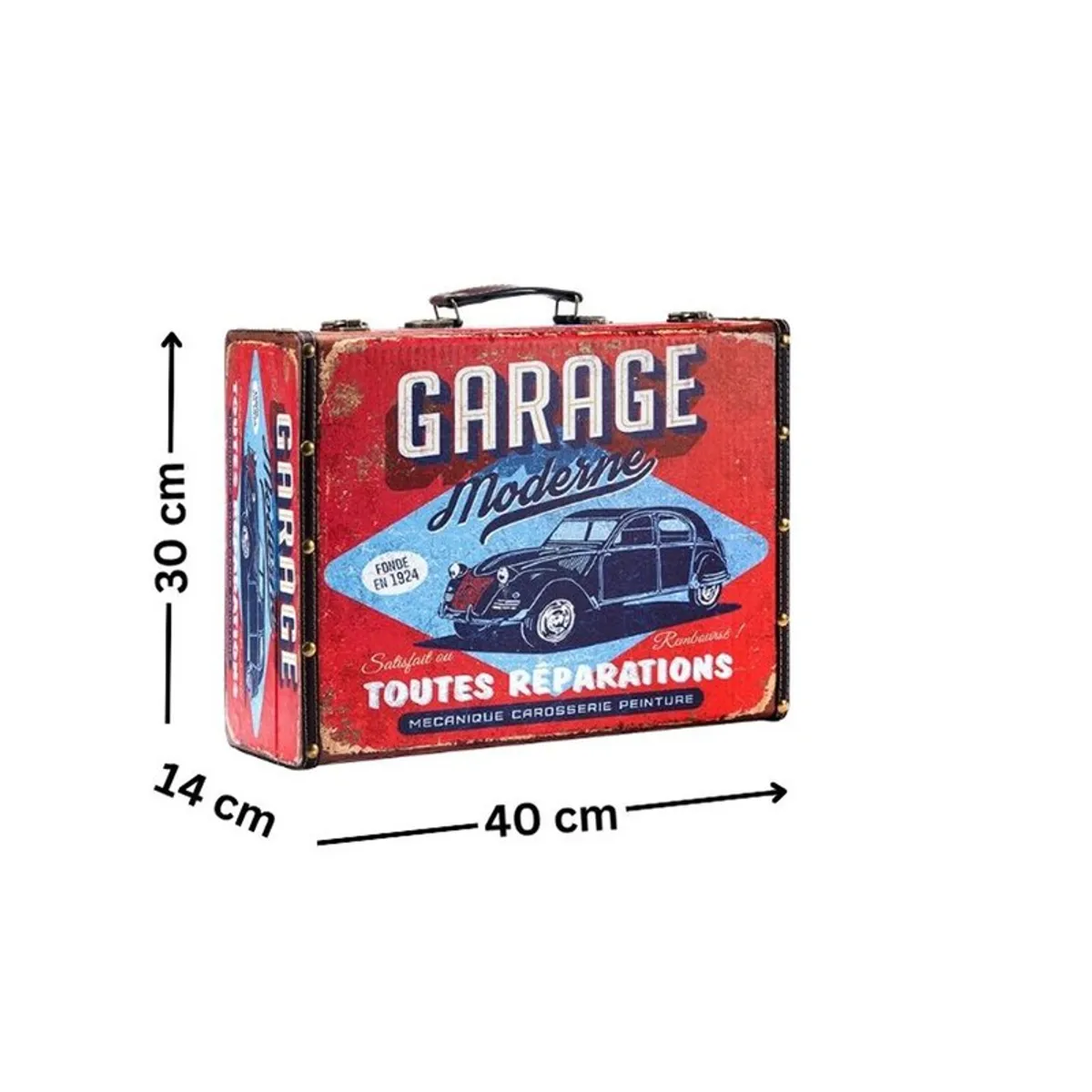 Red storage trunk shown with arrows indicating 40 cm width, 30 cm height and 14 cm depth