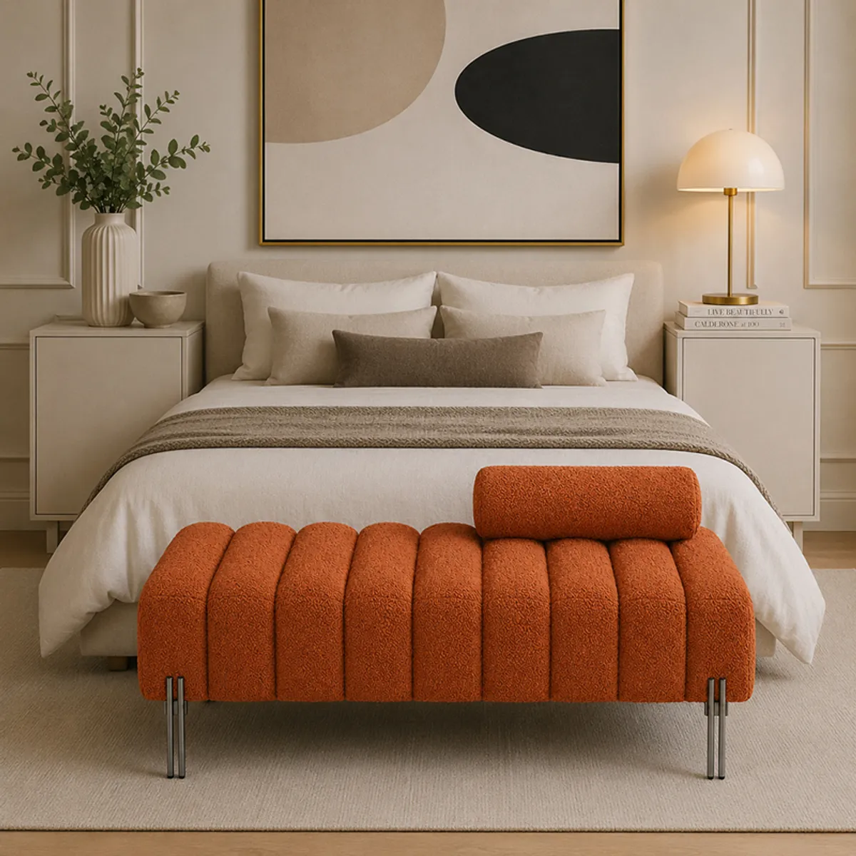 Rust upholstered bench styled at the foot of a bed