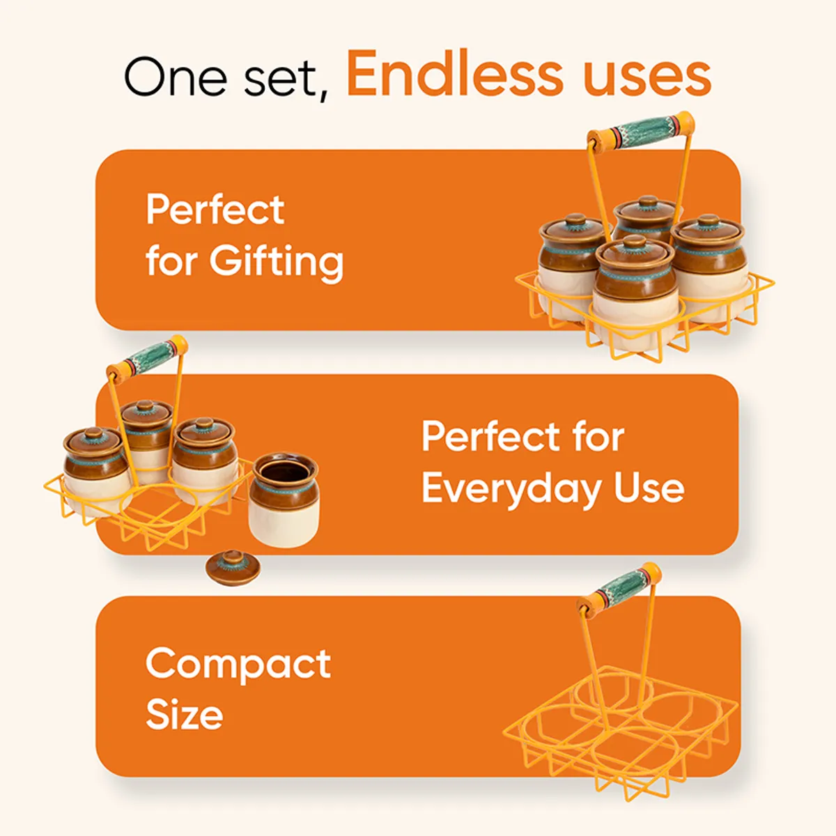 Condiment jar set shown with jars and stand for gifting or everyday use