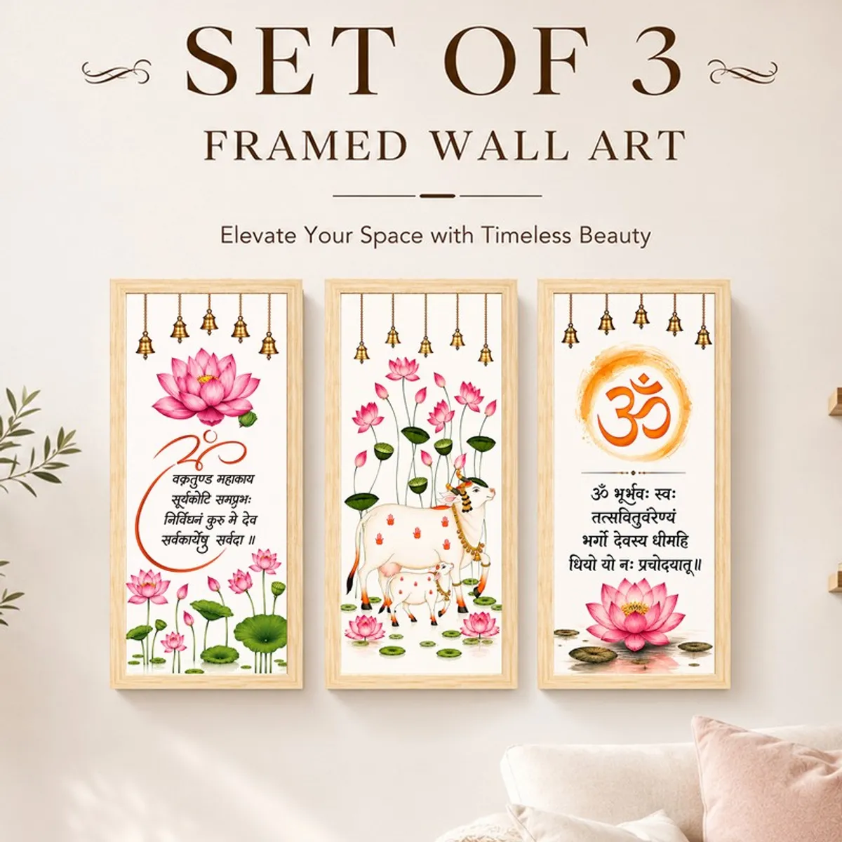 Set of three framed wall artworks featuring lotus flowers, a cow motif and Om symbolism.