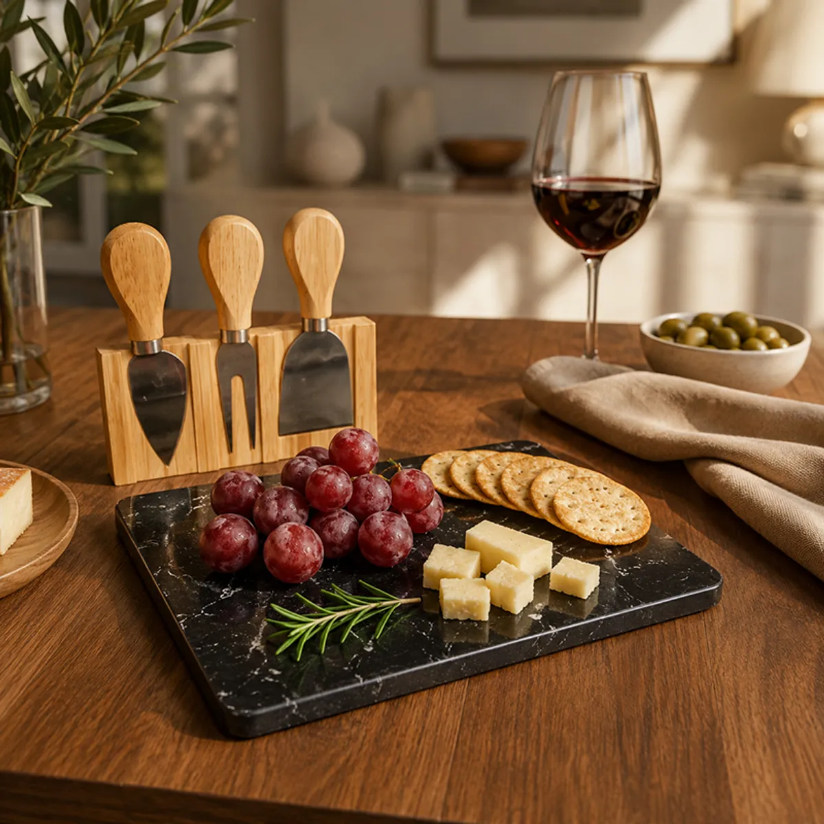Black marbled cheese platter with grapes, crackers, cheese and serving tools on a table