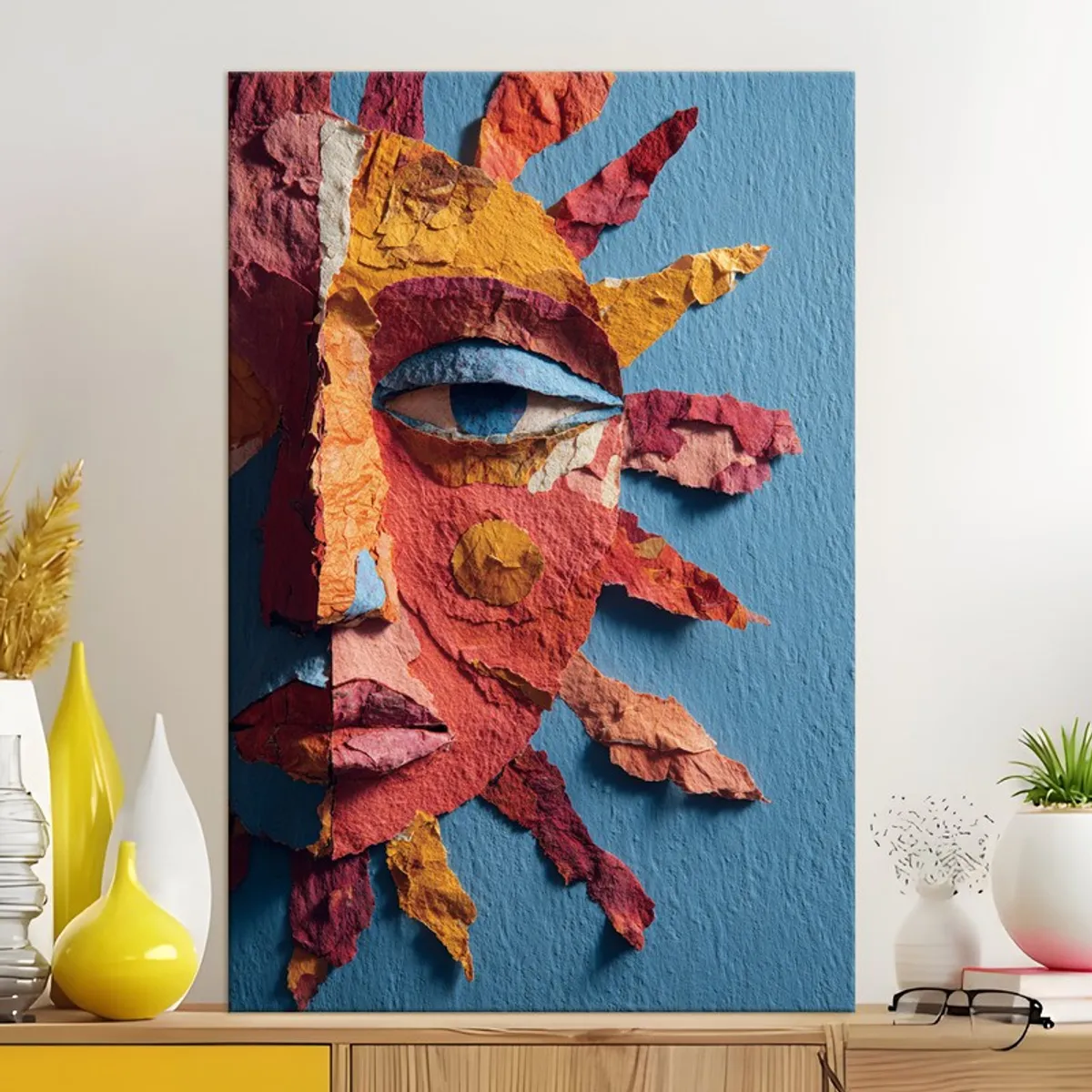 Large multicolour abstract canvas wall painting styled on a console