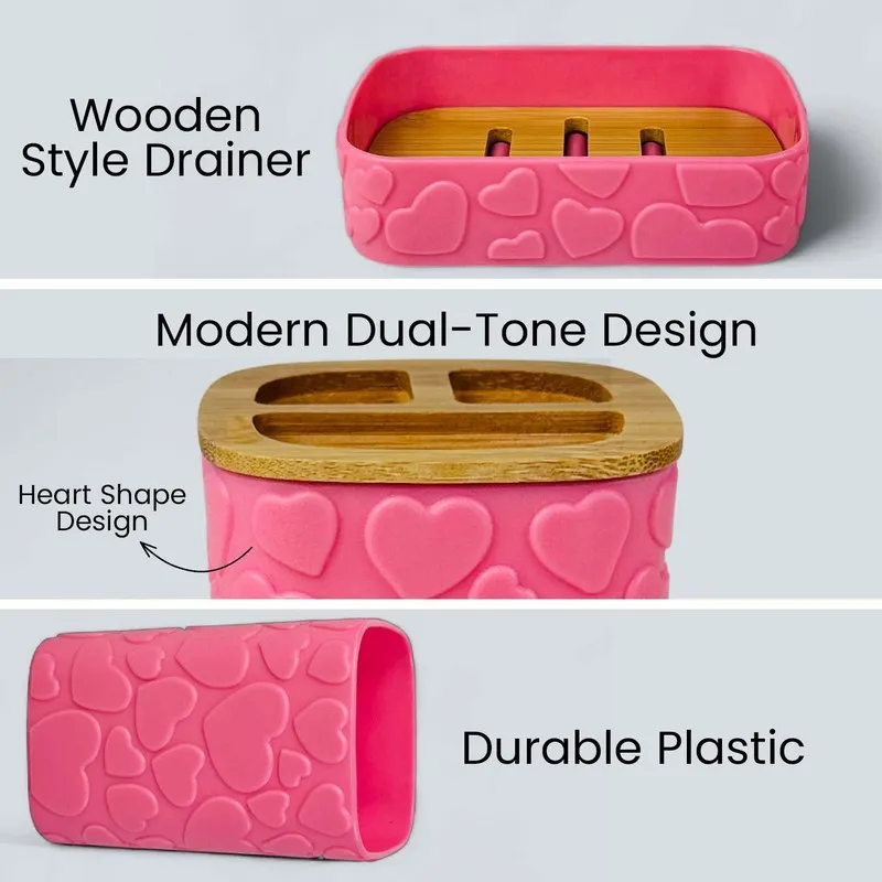 Close-up of the pink soap dish and heart-embossed accessory finish
