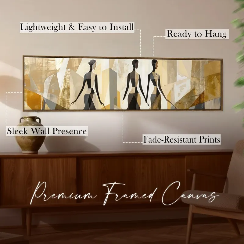 Panoramic framed wall art displayed above a wooden console in a warm interior