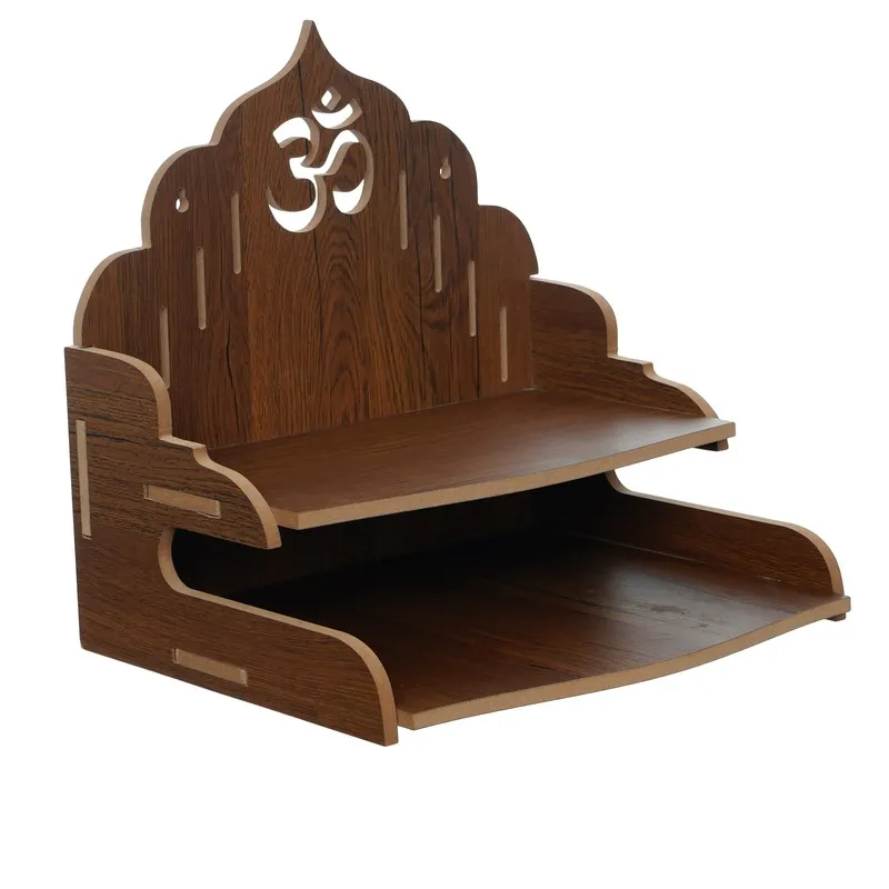 Angled view of brown wooden mandir with matte look and lower shelf