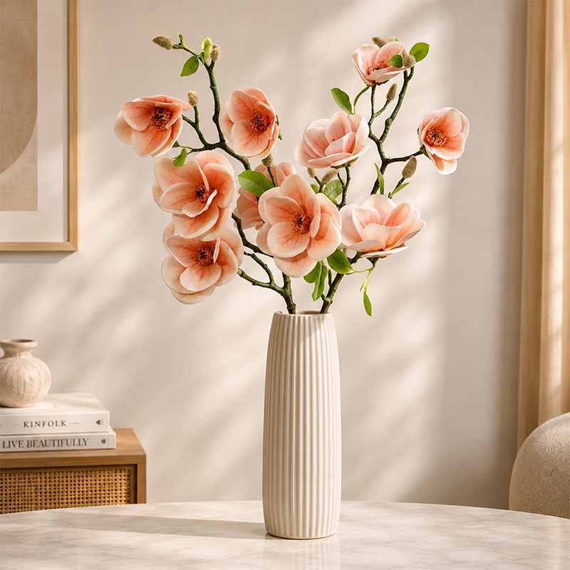 Blush Petal Muse Magnolia Artificial Flower Stick (Peach) - Set of Two