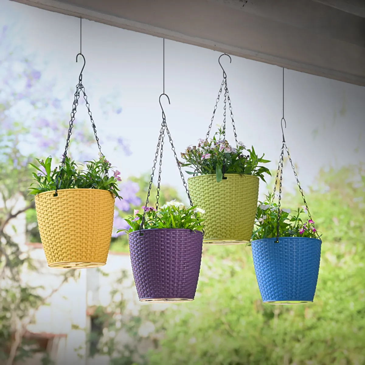 Set of four colourful hanging planters with flowering plants