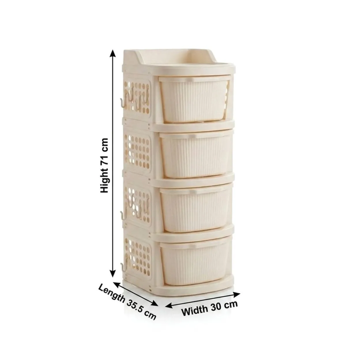 Ivory four-tier organiser rack shown with length, width and height markers.