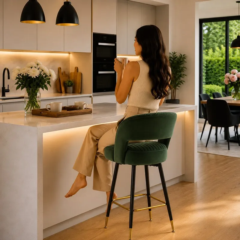 Person seated on a green velvet bar stool at a kitchen island.