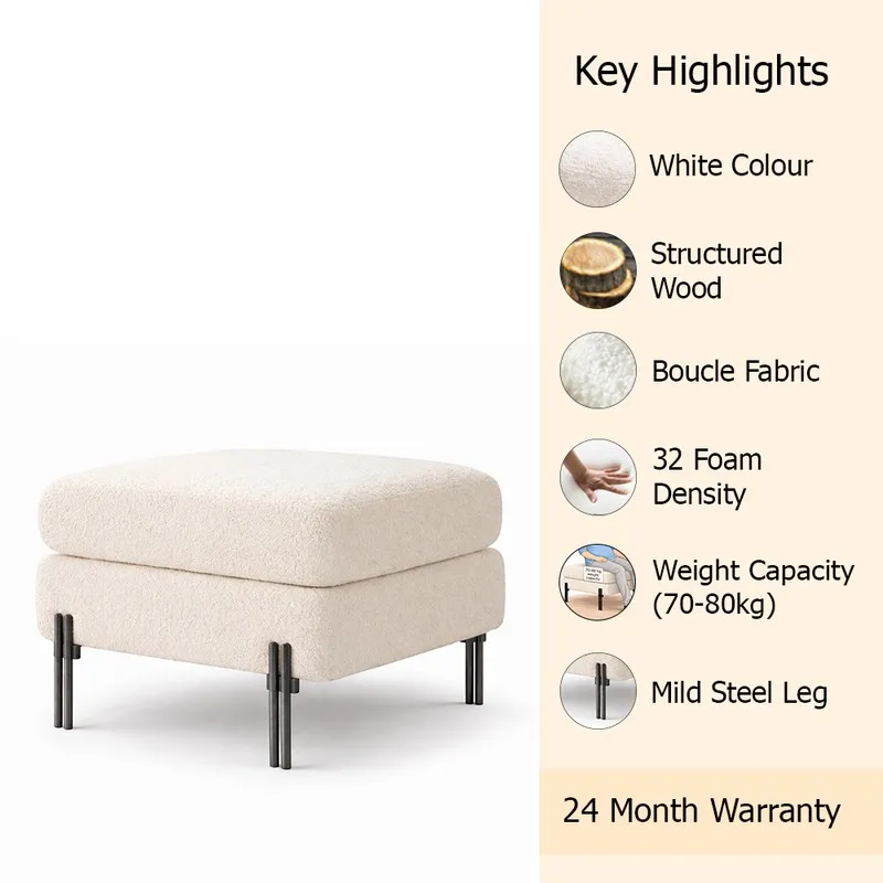 White bouclé ottoman with a dual-layer cushioned form and black metal legs