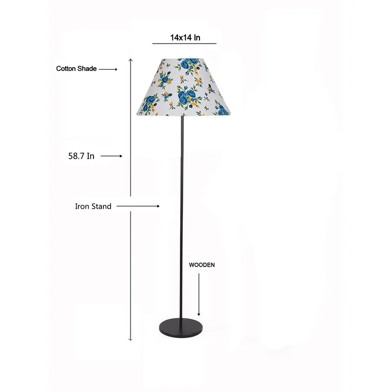 Blue floral shade floor lamp shown on a white background with size markers