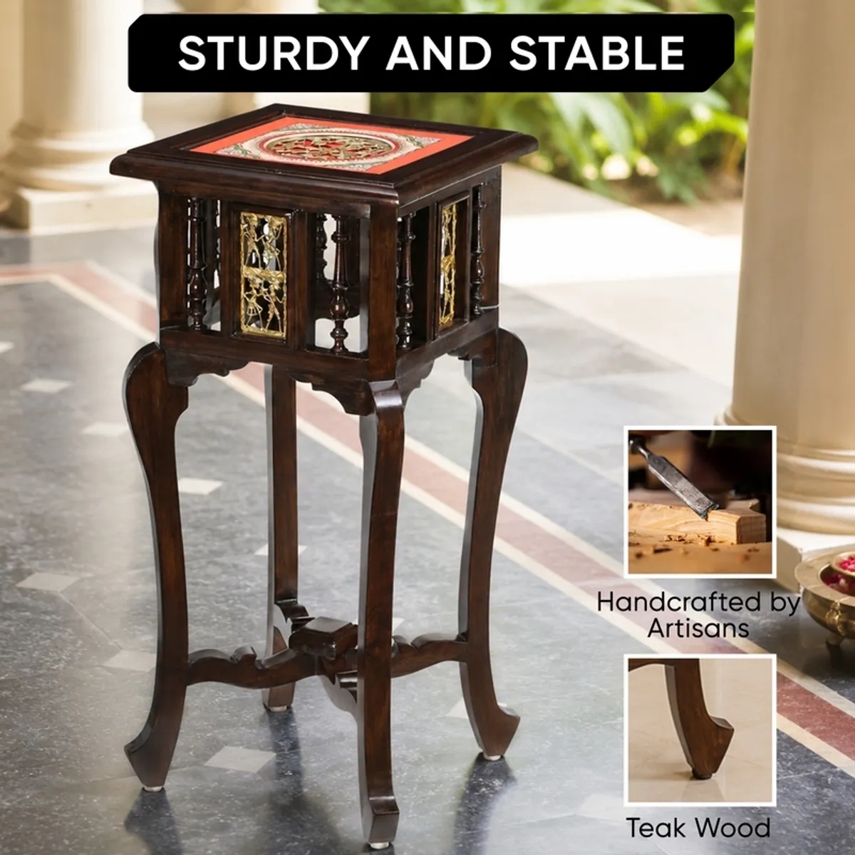 Ornate brown side table with curved legs shown in a spacious interior.