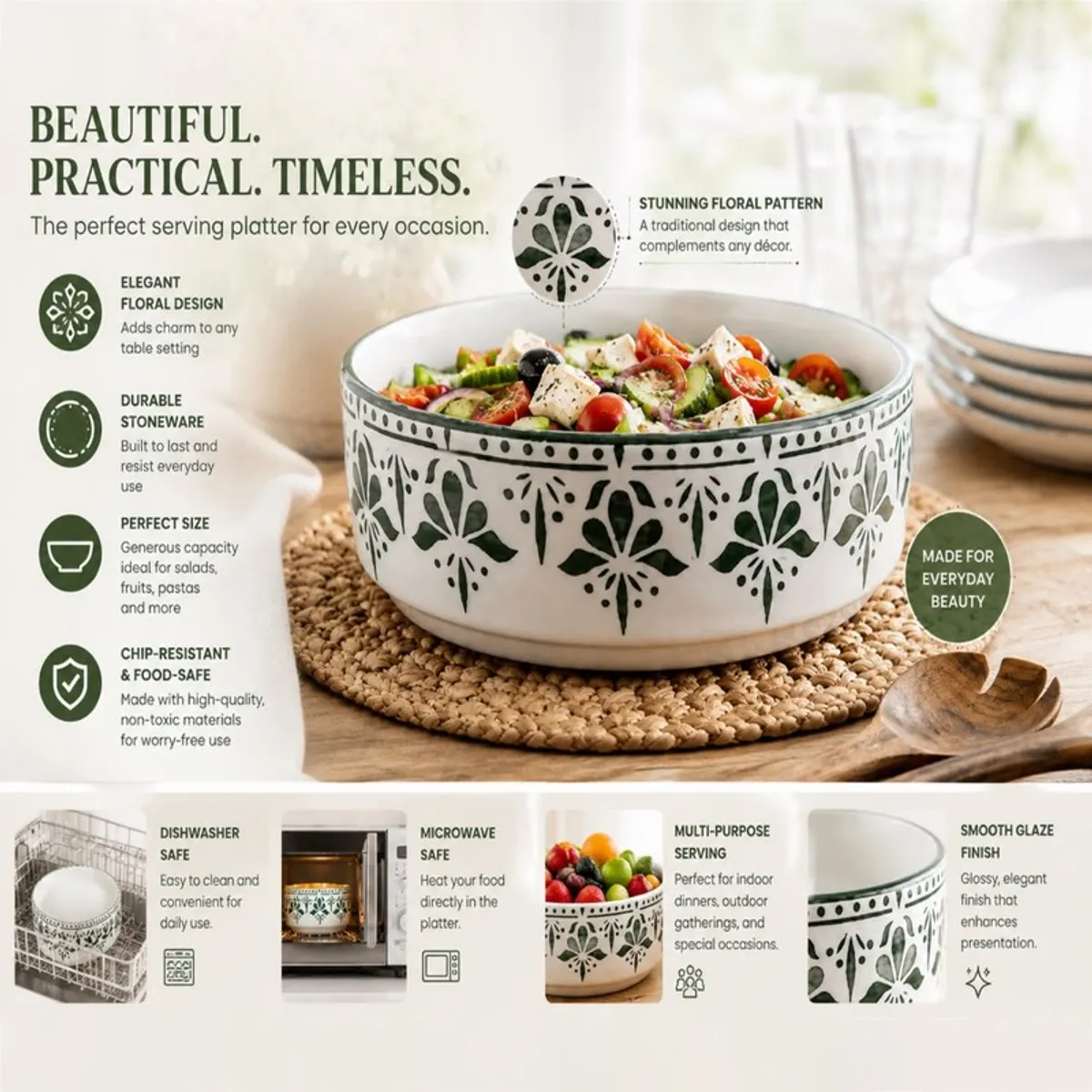 Green floral ceramic bowl shown with salad and serving utensils