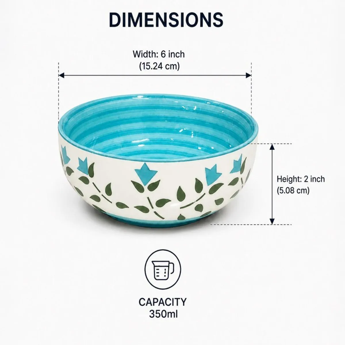 Blue and white floral bowl shown with width, height and capacity details