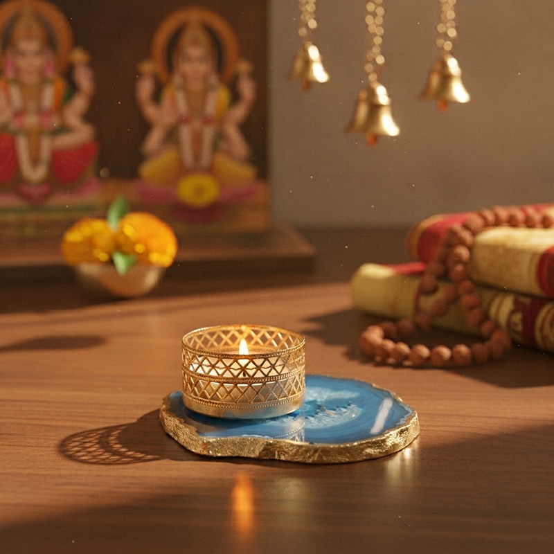 Niema Handcrafted Agate Tealight Candle Holder - Blue