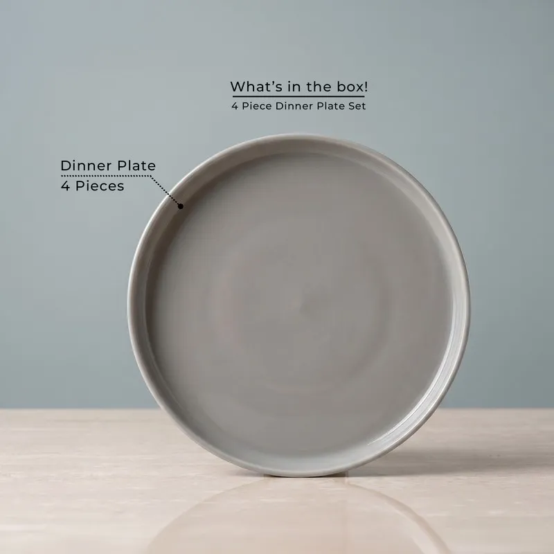 Single grey round dinner plate shown front-facing
