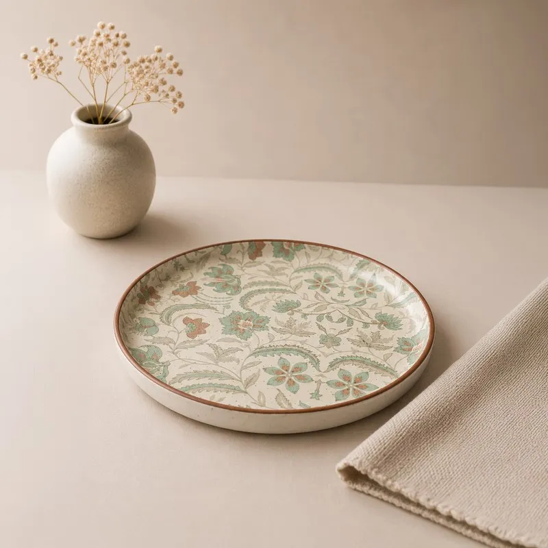 Single floral ceramic dinner plate on a neutral tabletop