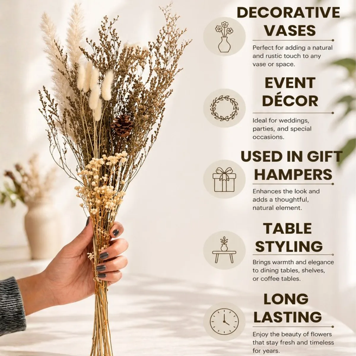 Dried flower bouquet held upright against a soft neutral background