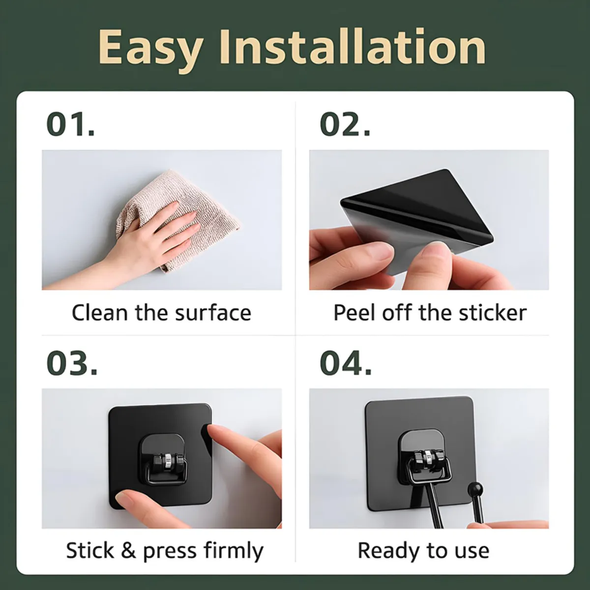 Step-by-step visual showing a black adhesive hook being attached to a surface