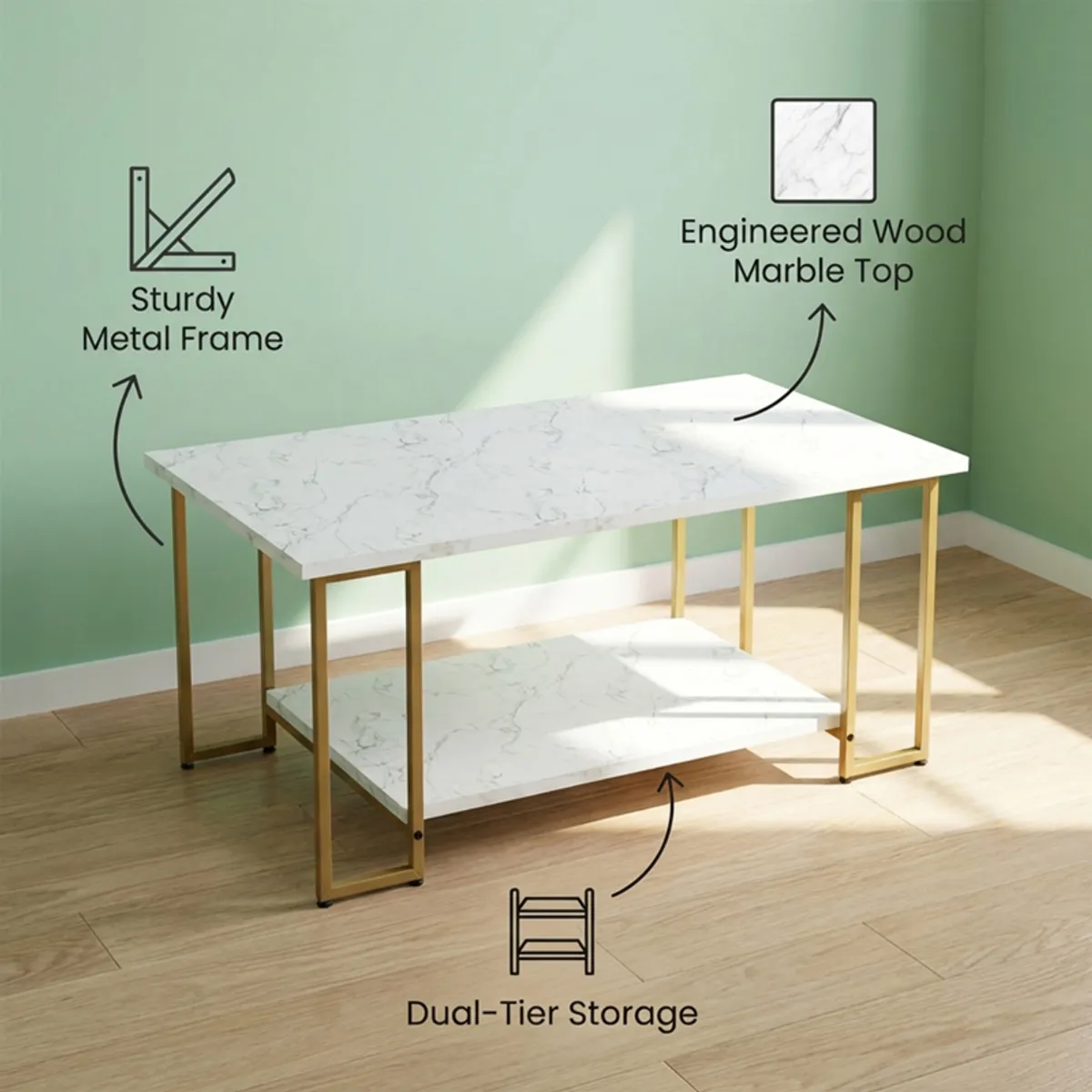 White rectangular centre table with a gold-toned frame and lower shelf