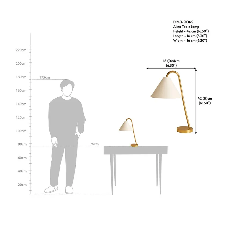 White and gold table lamp with dimension illustration