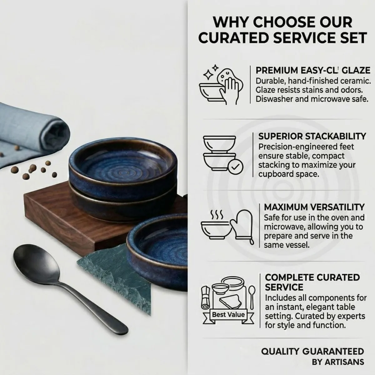 Two stacked blue ceramic dip bowls beside one single bowl