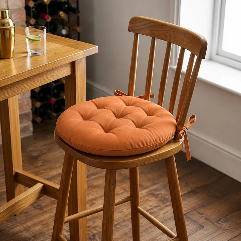 Brown round chair pad tied onto a wooden dining chair