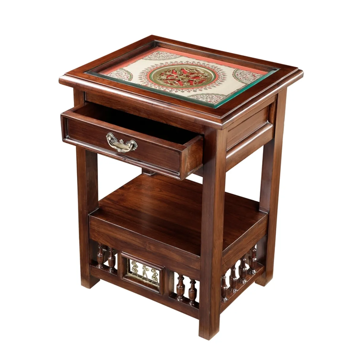 Front view of brown teak wood side table with open drawer and lower shelf