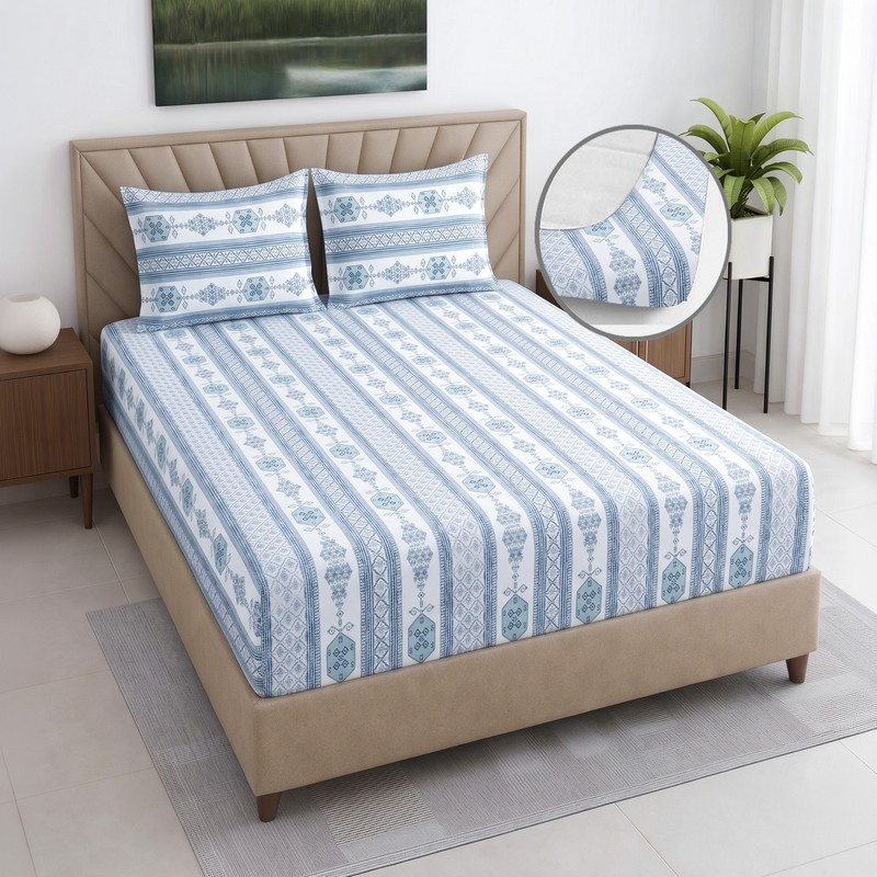 Cultural Weaves Fitted Cotton Bedsheet (Blue) - 400 TC - King Fitted