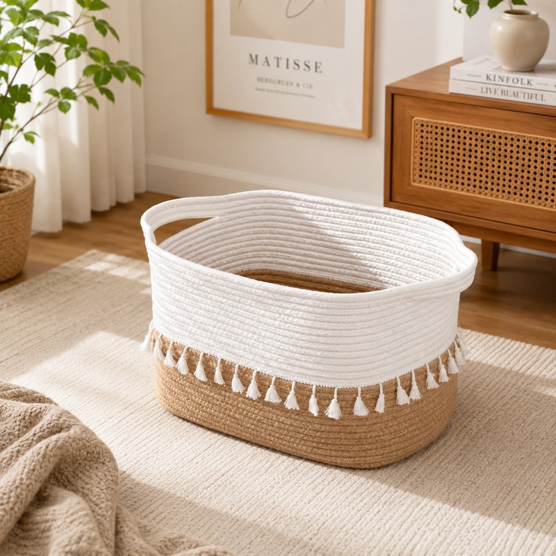 Rioware Raccolta Cotton Storage Basket (7.8 L) - White & Brown - 7.8 L
