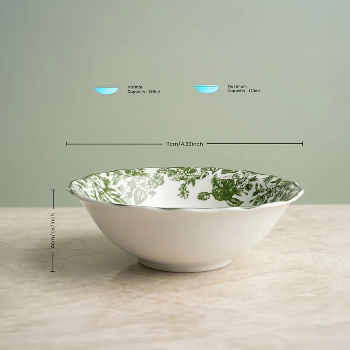 Green and white floral bowl shown in side profile