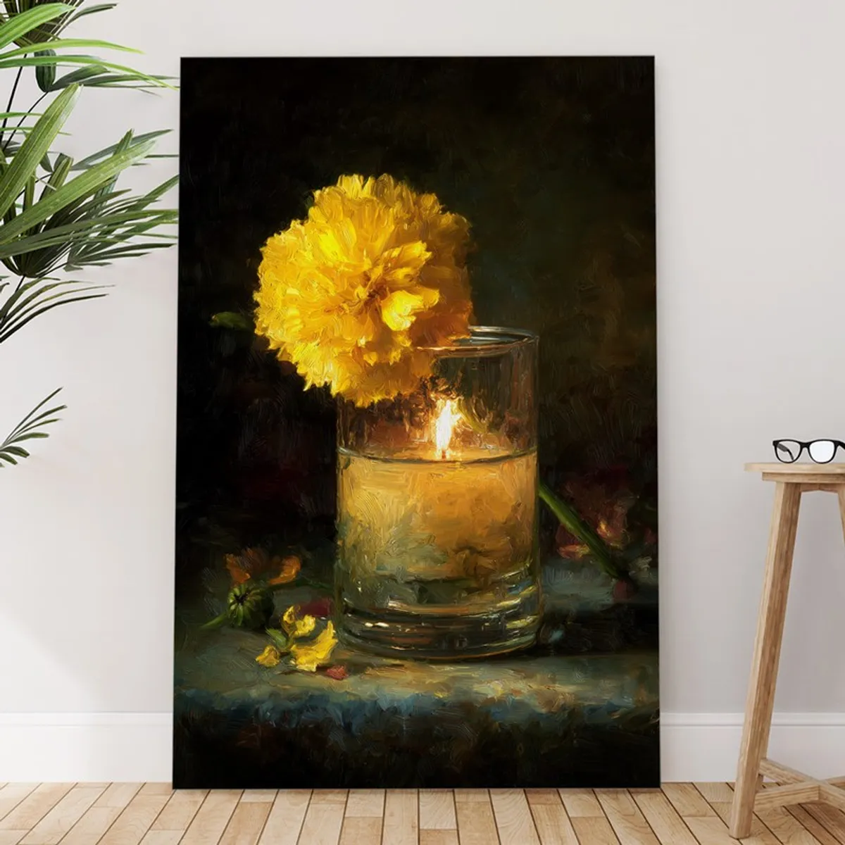 Large rectangular wall painting with candlelight and yellow flower in a room setting