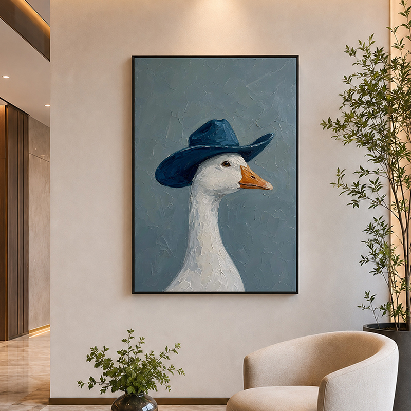 Goose in a Brown Stetson Canvas Wall Painting With Frame - Blue - Small